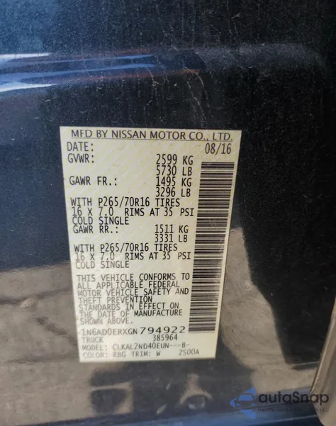 2016 Nissan Frontier Sv from USA, damaged, VIN 1N6AD0ERXGN794922